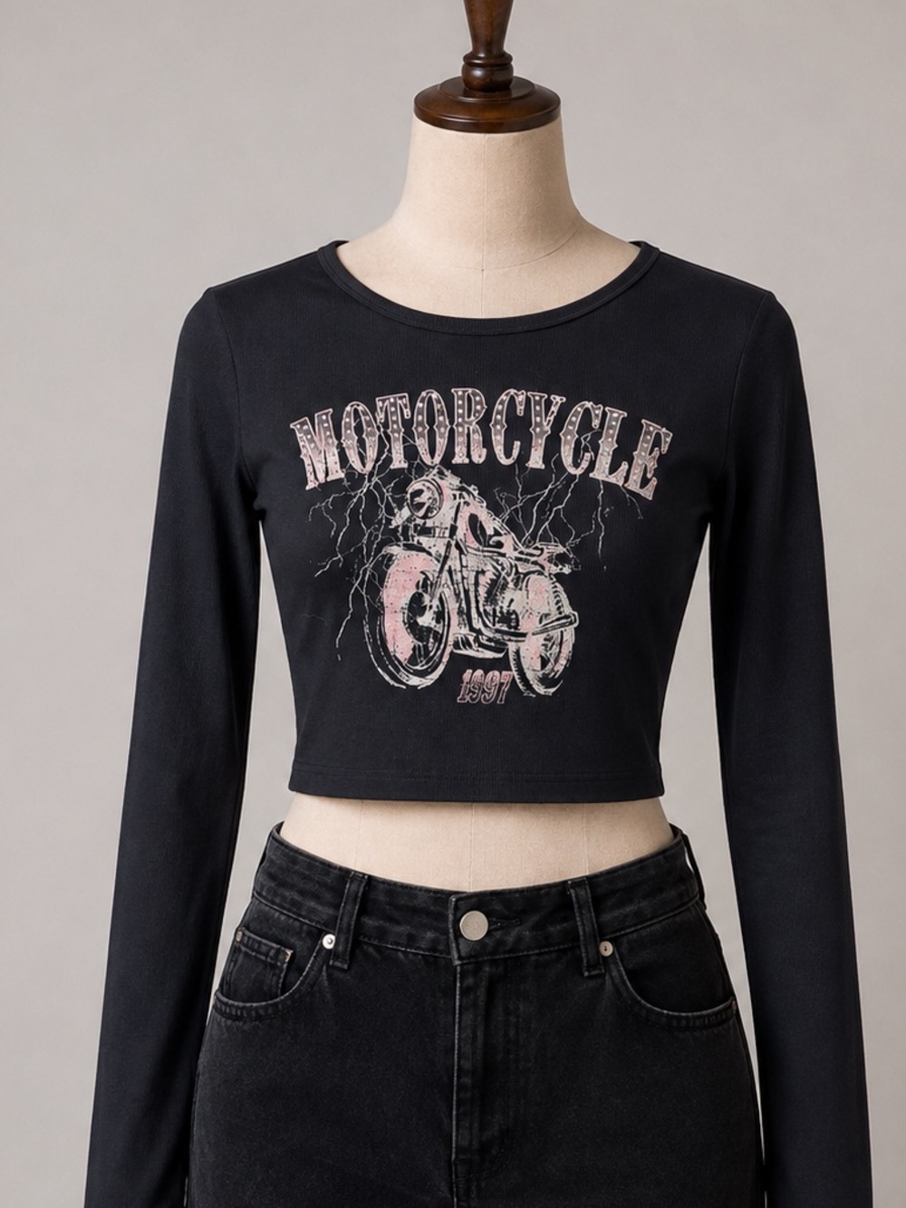 No Comment 90s Y2K Vibe Long Sleeve Black Top Motorcycle Bedazzled Shirt Large